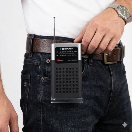Radio kieszonkowe Blaupunkt PR4BK przypięte do paska