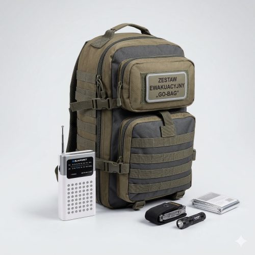 Radio kieszonkowe Blaupunkt PR4WH obok plecaka ewakuacyjnego