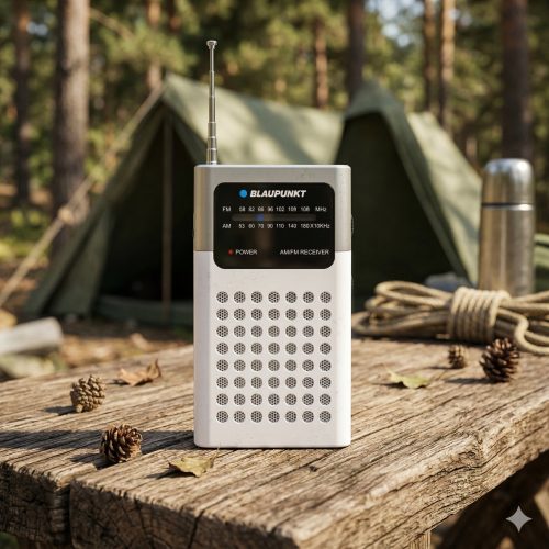 Radio kieszonkowe Blaupunkt PR4WH na biwaku z dużym namiotem w tle