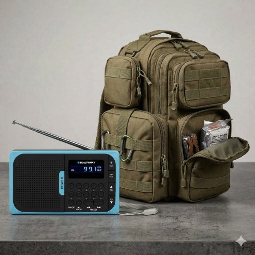 Radio kieszonkowe Blaupunkt PR5BL obok plecaka ewakuacyjnego