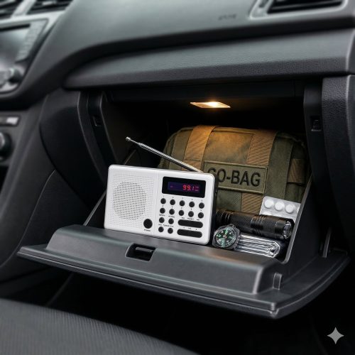 Radio przenośne ELTRA PLISZKA biała w schowku samochodowym