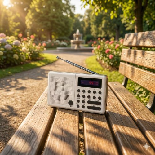 Radio przenośne ELTRA PLISZKA biała na ławce w parku