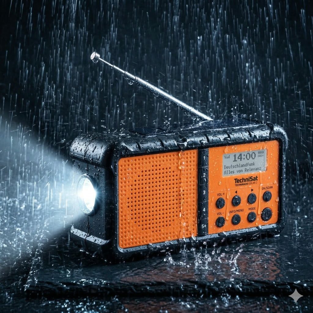 Radio technisat techniradio solar 2 w deszczu z zapaloną latarką