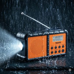Radio technisat techniradio solar 2 w deszczu z zapaloną latarką