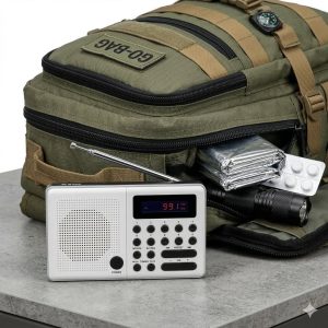 Radio przenośne ELTRA PLISZKA biała obok plecaka ewakuacyjnego